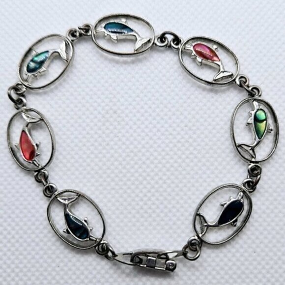 Beautiful Silver Tone Dolphin Link Bracelet With Colorful Backs - Picture 6 of 6